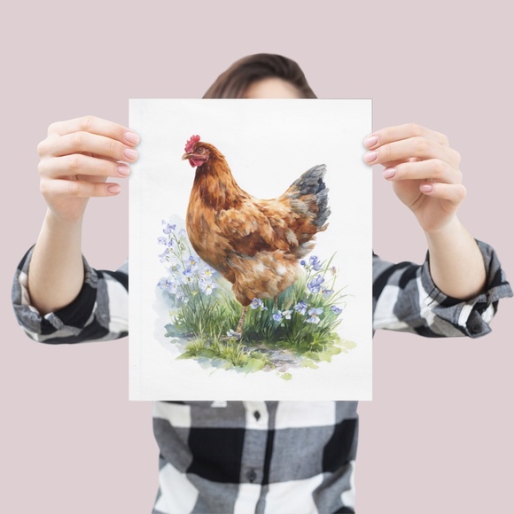 Watercolor Brown Hen with Wildflowers Portrait Wall Art Print Poster Unframed - Picture 4 of 6